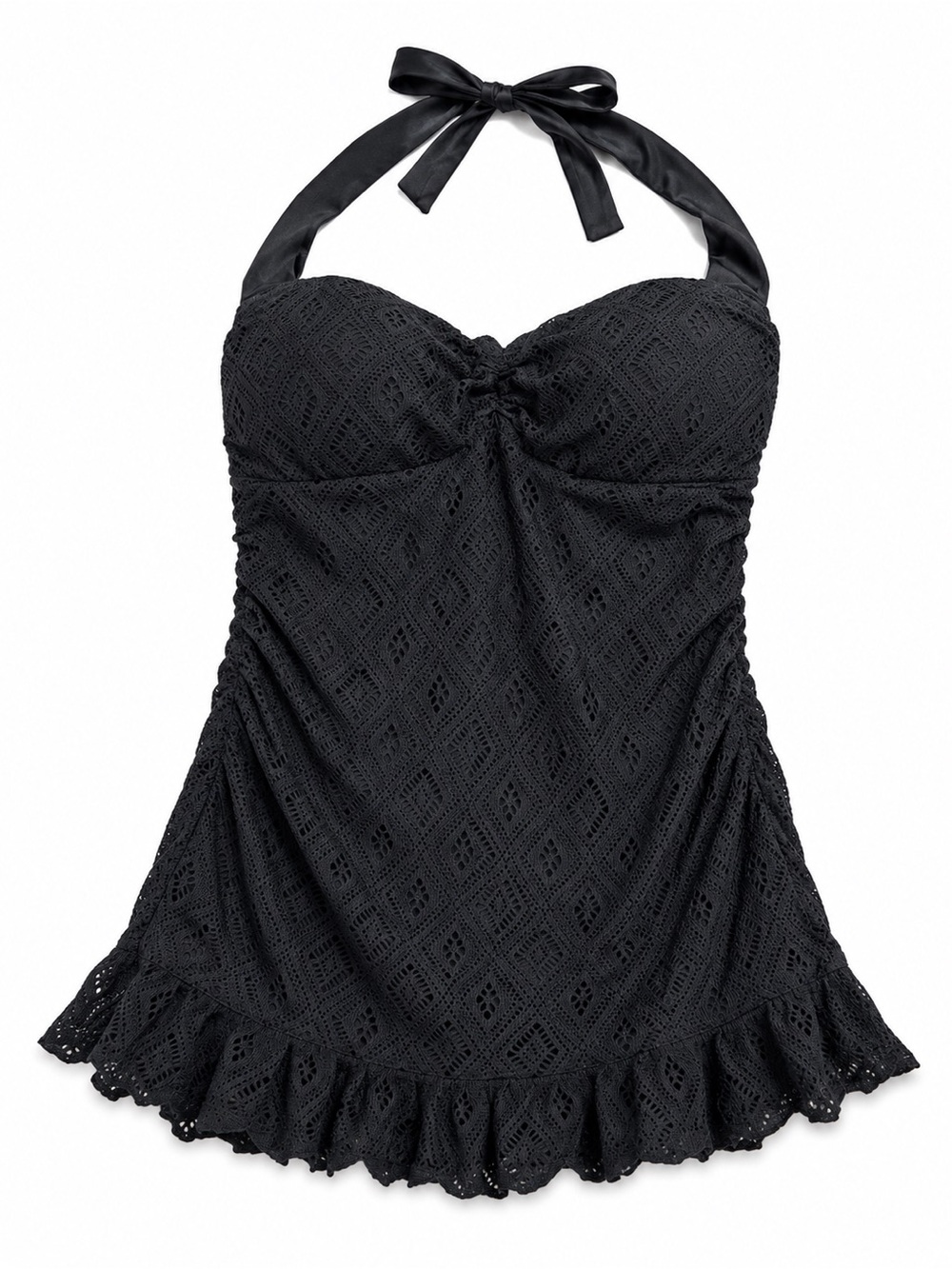 BECCA Black One Piece Swimsuit.  Knitted overlay with ruffle as seen